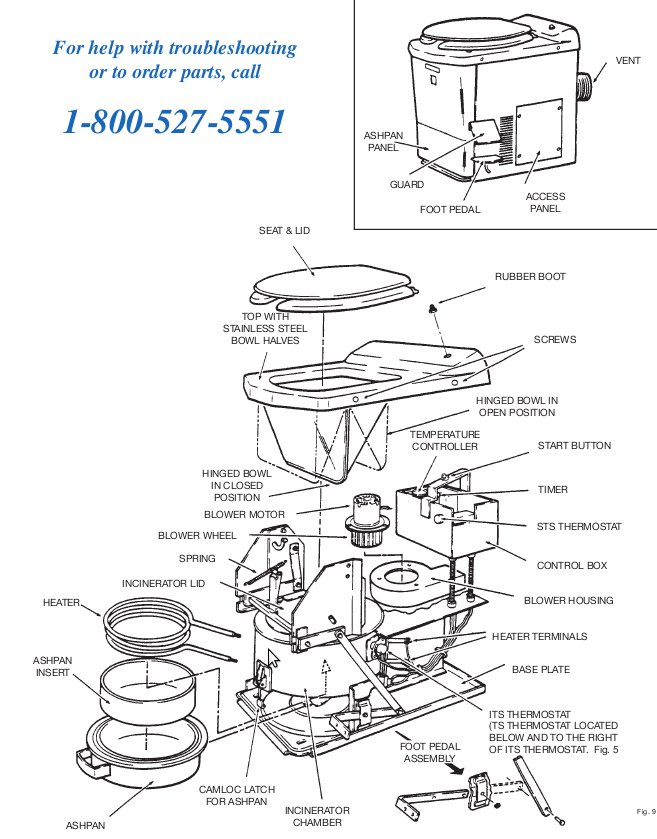 Image for I just got my incinolet toilet repaired & now the fan works but the element is not heating up.